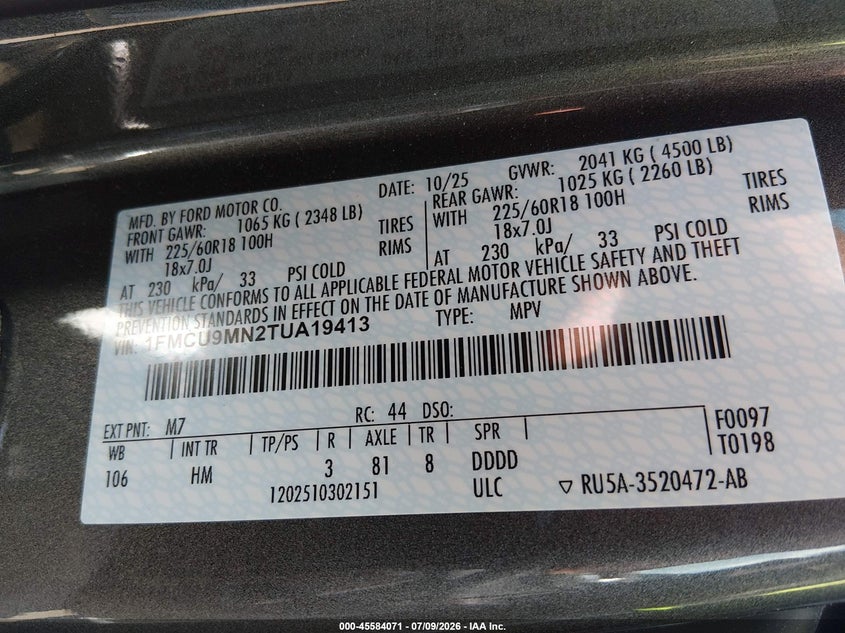 2026 Ford Escape VIN 1FMCU9MN2TUA19413 IAAI salvage auction — FRONT END, Salvage Title, sold $9,975 on 2026-08-25 (photo 9)