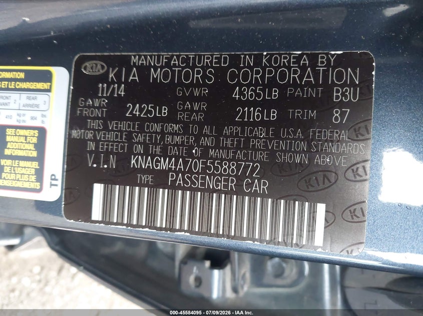 2015 Kia Optima VIN KNAGM4A70F5588772 IAAI salvage auction — REAR END, Mv-907A (New York), sold $500 on 2026-07-28 (photo 9)