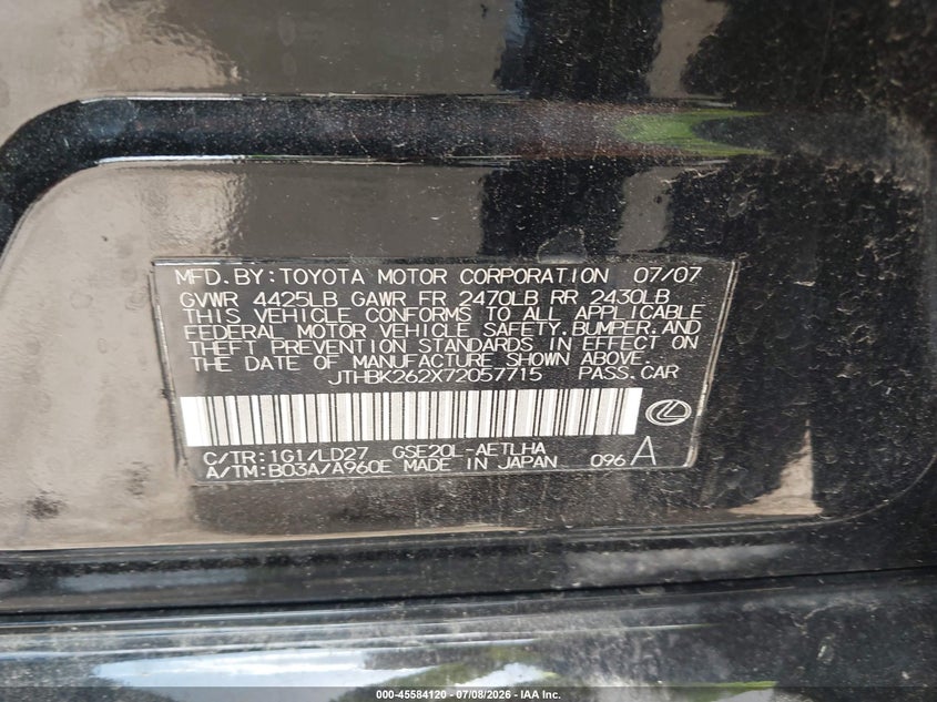 2007 Lexus Is 250 VIN JTHBK262X72057715 IAAI salvage auction — NORMAL WEAR, Original (Texas), sold $175 on 2026-07-09 (photo 9)