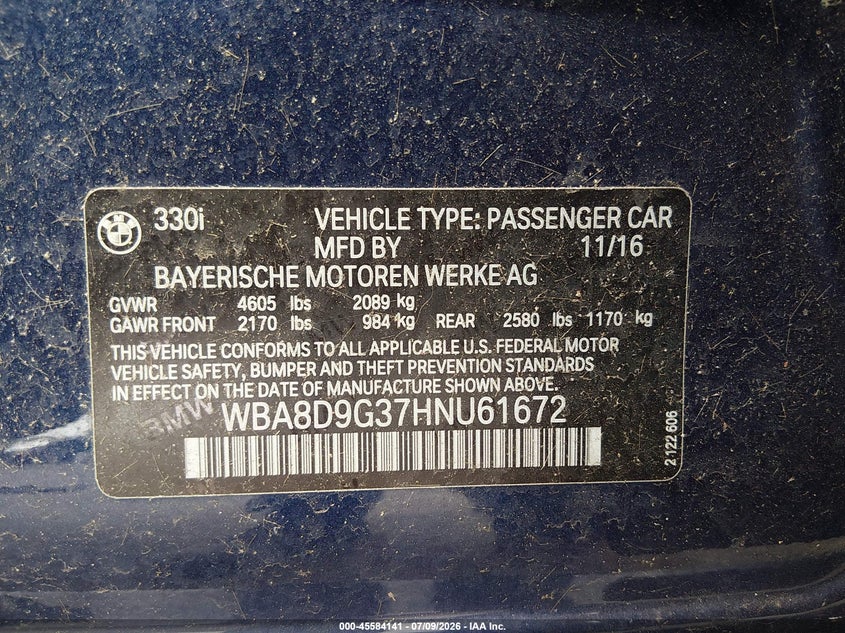 2017 BMW 3er VIN WBA8D9G37HNU61672 IAAI salvage auction — REAR END, Salvage Title, sold $9,250 on 2026-08-17 (photo 9)