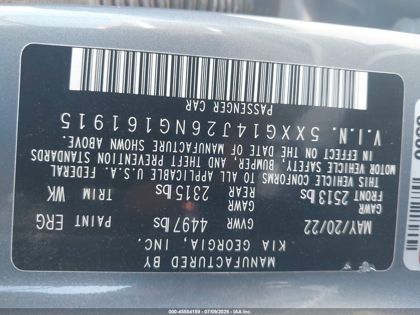 2022 Kia K5 VIN 5XXG14J26NG161915 IAAI salvage auction — MECHANICAL, Salvage Title, sold $6,100 on 2026-07-16 (photo 9)