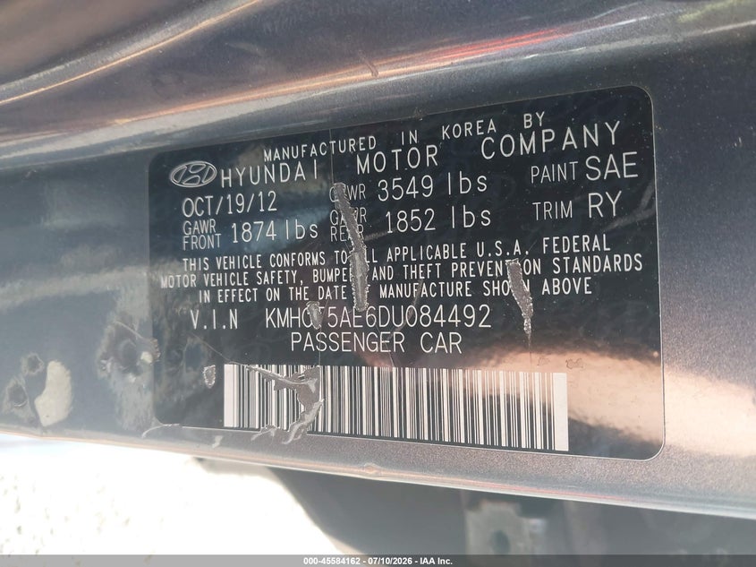 2013 Hyundai Accent VIN KMHCT5AE6DU084492 IAAI salvage auction — NORMAL WEAR, Clear (New York), sold $425 on 2026-07-28 (photo 9)