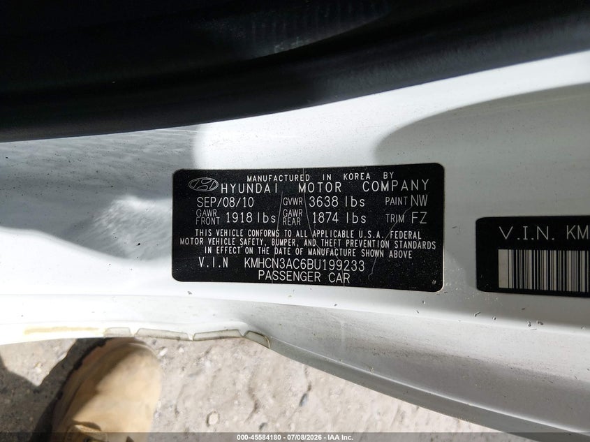 2011 Hyundai Accent VIN KMHCN3AC6BU199233 IAAI salvage auction — NORMAL WEAR, Clear (Pennsylvania), sold $300 on 2026-07-28 (photo 9)