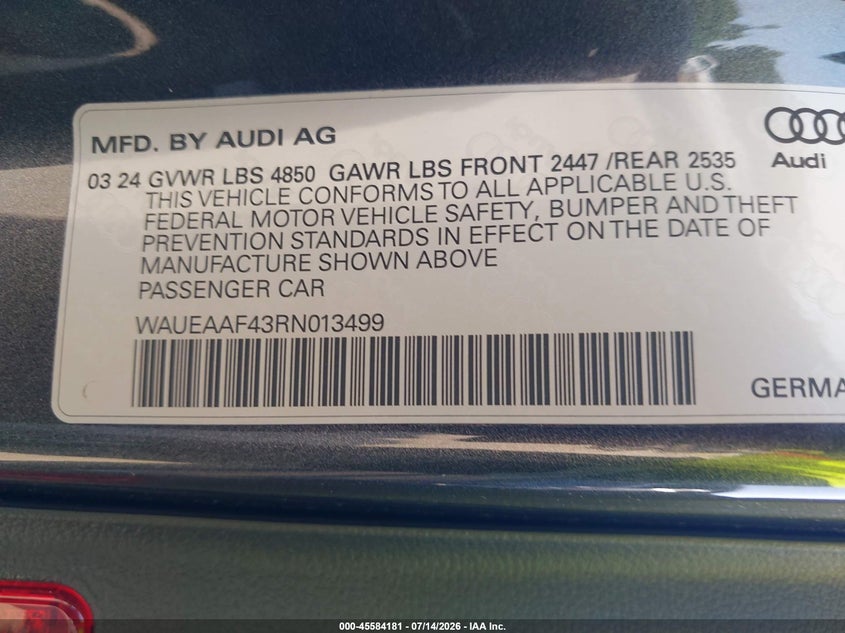 2024 Audi A4 VIN WAUEAAF43RN013499 IAAI salvage auction — FRONT END, Salvage Title, sold $5,600 on 2026-07-22 (photo 9)