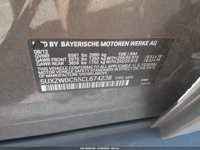 2012 BMW X5 VIN 5UXZW0C55CL674238 IAAI salvage auction — NORMAL WEAR, Clear-Dealer Only (Washington), sold $2,400 on 2026-07-16 (photo 9)