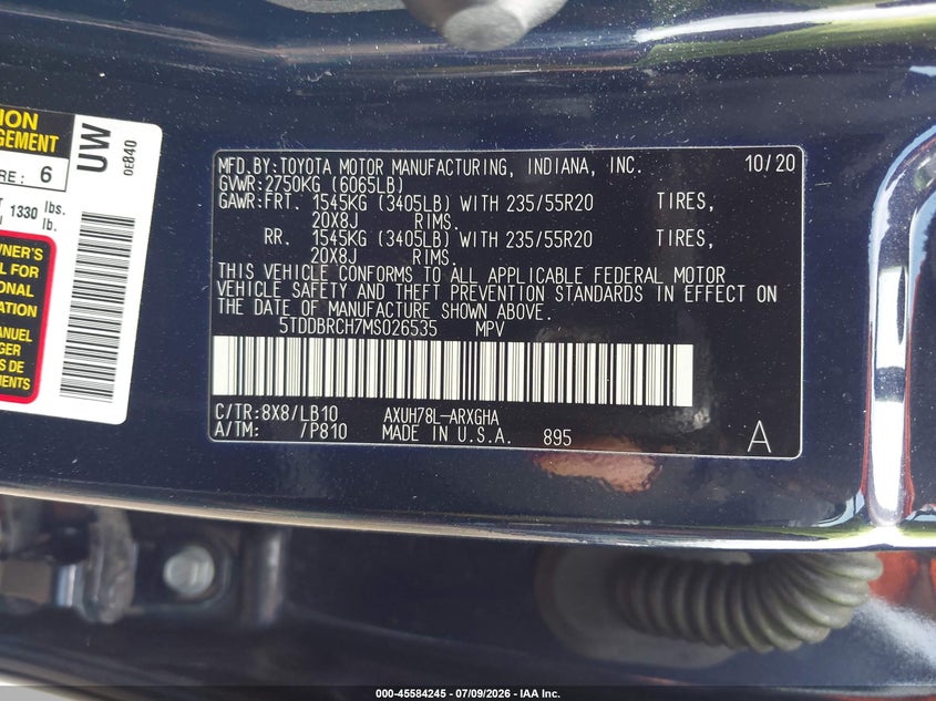 2021 Toyota Highlander VIN 5TDDBRCH7MS026535 IAAI salvage auction — WATER/FLOOD, Salvage Title, sold $14,700 on 2026-07-22 (photo 9)