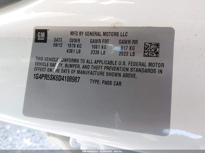 2013 Buick Verano VIN 1G4PR5SK6D4108987 IAAI salvage auction — REAR END, Clear (Wyoming), sold $575 on 2026-07-30 (photo 9)
