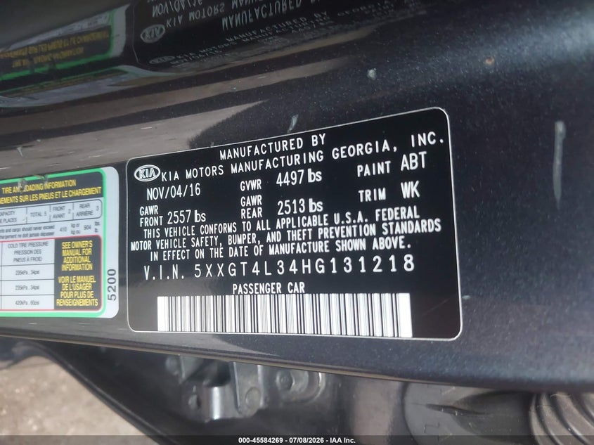 2017 Kia Optima VIN 5XXGT4L34HG131218 IAAI salvage auction — FRONT END, Clear (Arizona), sold $25 on 2026-07-28 (photo 9)