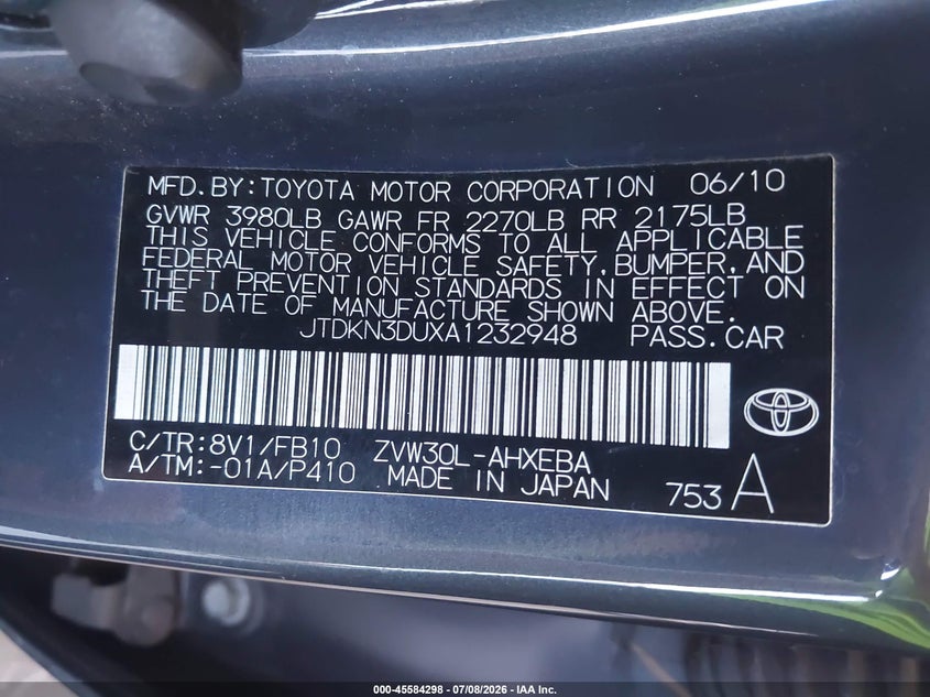 2010 Toyota Prius VIN JTDKN3DUXA1232948 IAAI salvage auction — NORMAL WEAR, Clear - Dealer Only (California), sold $1,100 on 2026-07-21 (photo 9)
