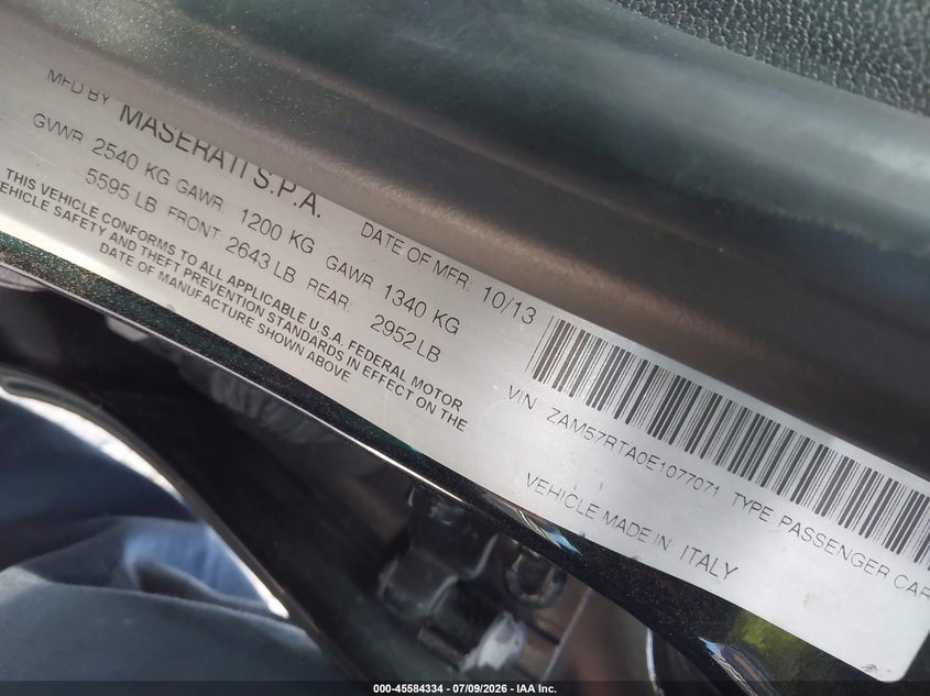2014 Maserati Ghibli VIN ZAM57RTA0E1077071 IAAI salvage auction — MECHANICAL, Nrc Lienholder Repossession Paperwork (Texas), sold $1,400 on 2026-07-16 (photo 9)