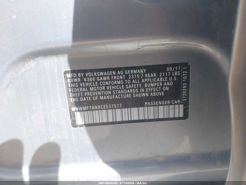 2012 Volkswagen Passat cc VIN WVWMP7ANXCE537577 IAAI salvage auction — RIGHT REAR, Salvage (Idaho), sold $400 on 2026-08-20 (photo 9)