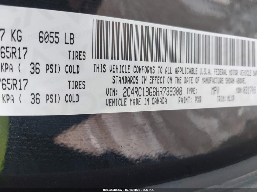 2017 Chrysler Pacifica VIN 2C4RC1BG6HR739308 IAAI salvage auction — SIDE, Original (Texas), sold $4,100 on 2026-08-21 (photo 9)