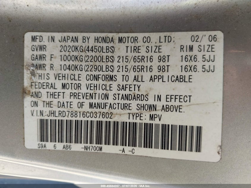 2006 Honda Cr-v VIN JHLRD78816C037602 IAAI salvage auction — NORMAL WEAR, Clear - Dealer Only (California), sold $125 on 2026-07-22 (photo 9)