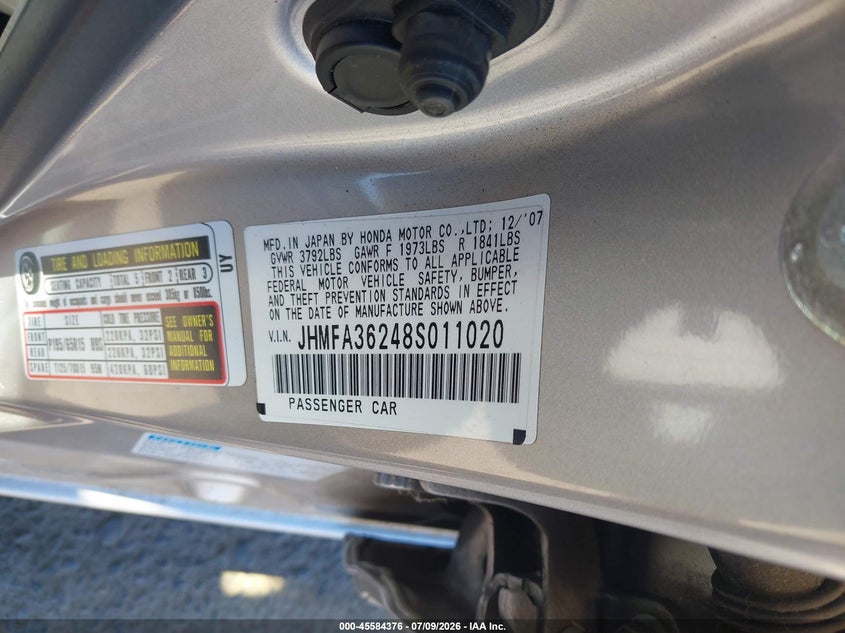 2008 Honda Civic hybrid VIN JHMFA36248S011020 IAAI salvage auction — NORMAL WEAR, Clear - Dealer Only (California), sold $2,325 on 2026-07-15 (photo 9)