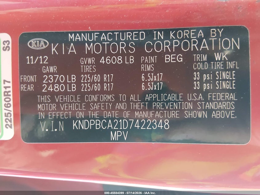 2013 Kia Sportage VIN KNDPBCA21D7422348 IAAI salvage auction — NORMAL WEAR, Original (West Virginia), sold $600 on 2026-07-29 (photo 9)