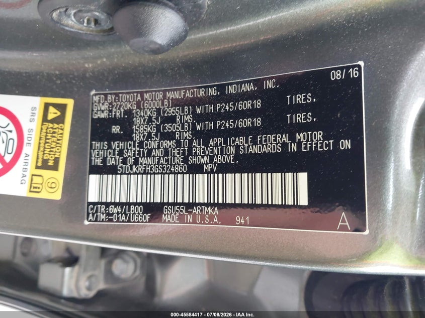 2016 Toyota Highlander VIN 5TDJKRFH3GS324860 IAAI salvage auction — SIDE, Salvage Title, sold $6,500 on 2026-07-31 (photo 9)
