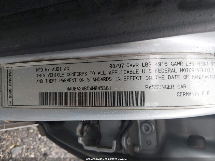 1998 Audi A6 VIN WAUBA24B5WN045361 IAAI salvage auction — NORMAL WEAR, Clear (Delaware), sold $225 on 2026-07-13 (photo 9)