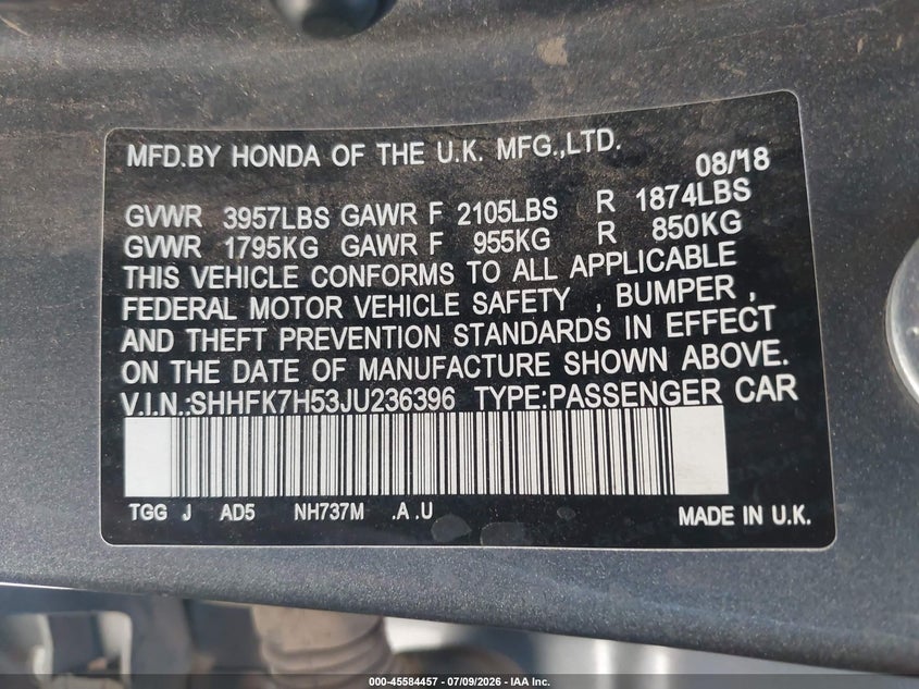 2018 Honda Civic VIN SHHFK7H53JU236396 IAAI salvage auction — LEFT FRONT, Salvage (Arizona), sold $2,250 on 2026-07-28 (photo 9)