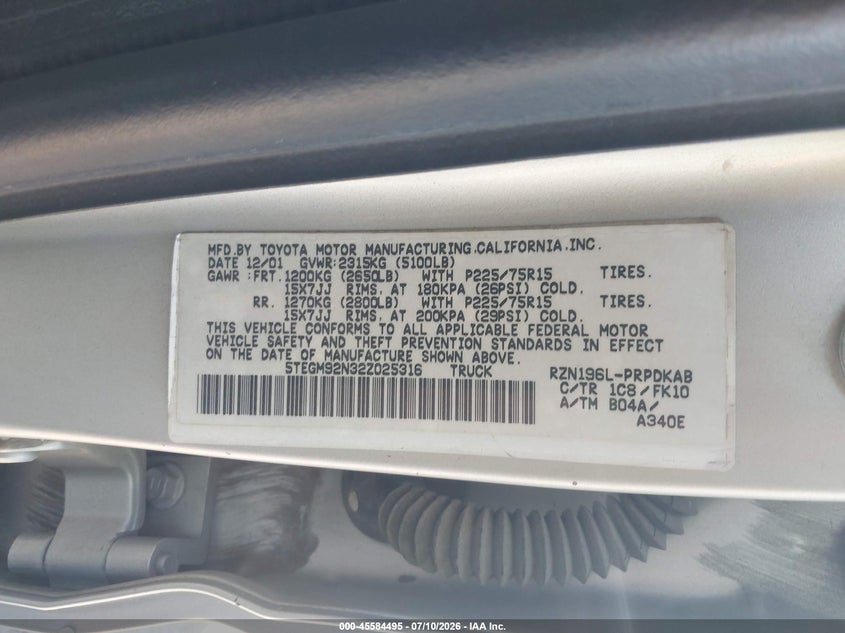 2002 Toyota Tacoma VIN 5TEGM92N32Z025316 IAAI salvage auction — SIDE, Salvage (California), sold $2,000 on 2026-07-24 (photo 9)