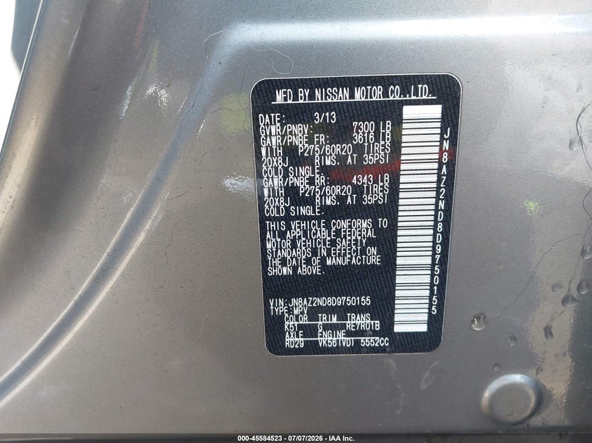 2013 Infiniti Qx56 VIN JN8AZ2ND8D9750155 IAAI salvage auction — NORMAL WEAR, Salvage Title - Dealer (California), sold $650 on 2026-07-29 (photo 9)