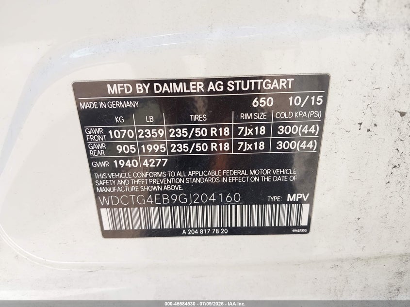 2016 Mercedes-benz Gla-klasse VIN WDCTG4EB9GJ204160 IAAI salvage auction — FRONT & REAR, Salvage (Texas), sold $1,600 on 2026-08-18 (photo 9)