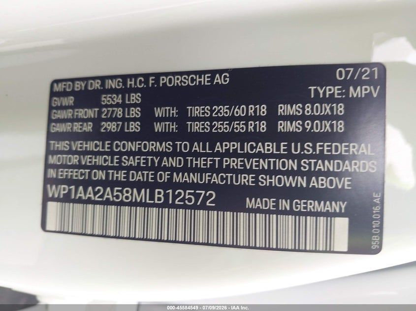 2021 Porsche Macan VIN WP1AA2A58MLB12572 IAAI salvage auction — ENGINE DAMAGE, Salvage (Pennsylvania), sold $5,100 on 2026-08-14 (photo 9)