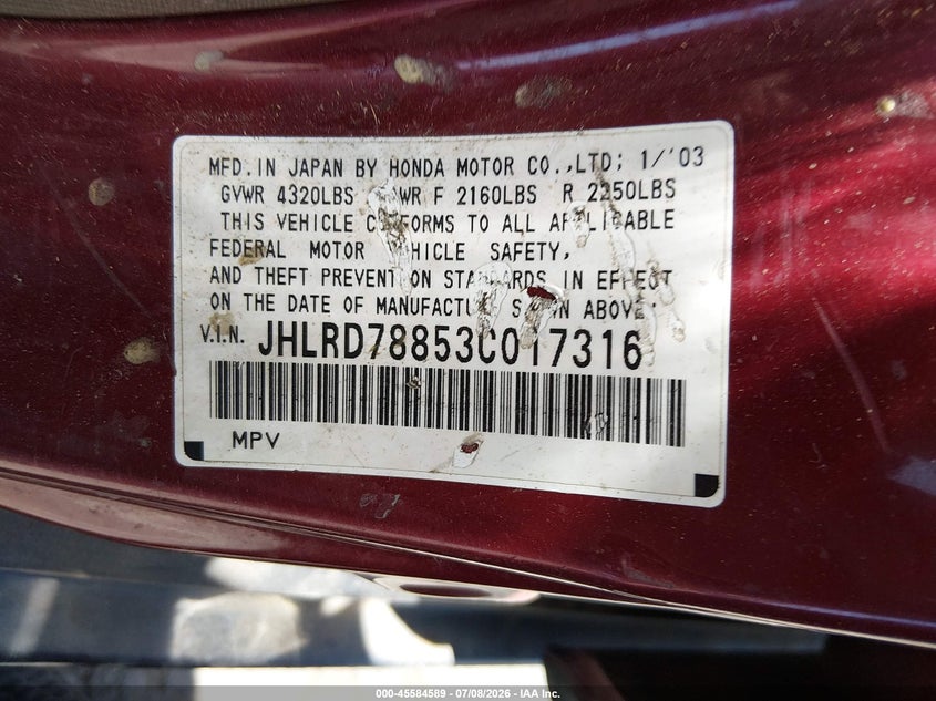 2003 Honda Cr-v VIN JHLRD78853C017316 IAAI salvage auction — NORMAL WEAR, Salvage Title - Dealer (California), sold $625 on 2026-07-30 (photo 9)