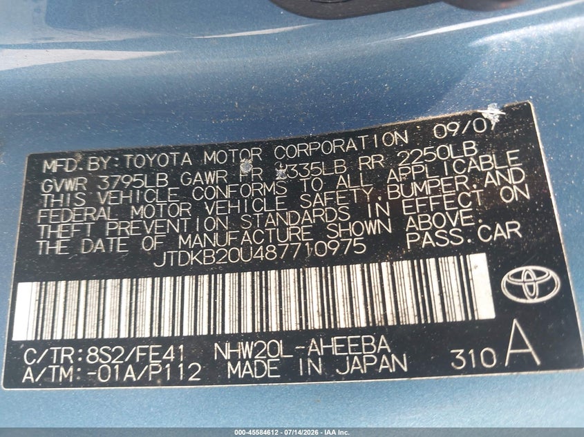 2008 Toyota Prius VIN JTDKB20U487710975 IAAI salvage auction — NORMAL WEAR, Clear (Delaware), sold $275 on 2026-07-27 (photo 9)