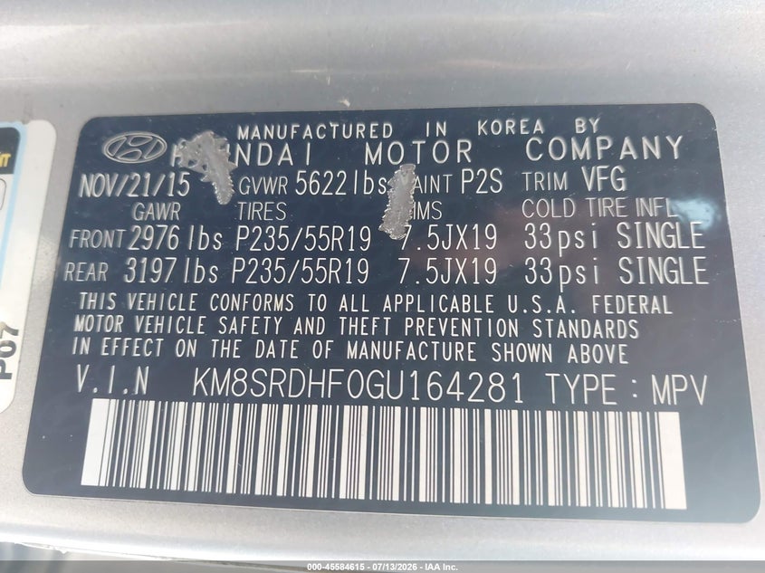 2016 Hyundai Santa fe VIN KM8SRDHF0GU164281 IAAI salvage auction — SIDE, Wait Title, sold $2,550 on 2026-07-31 (photo 9)