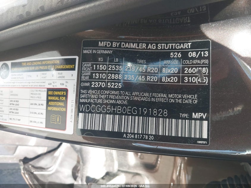 2014 Mercedes-benz Glk-klasse VIN WDCGG5HB0EG191828 IAAI salvage auction — FRONT END, Salvage (California), sold $4,550 on 2026-07-17 (photo 9)