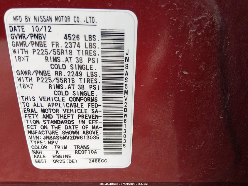 2013 Nissan Rogue VIN JN8AS5MV2DW613035 IAAI salvage auction — NORMAL WEAR, Salvage Title, sold $375 on 2026-07-29 (photo 9)
