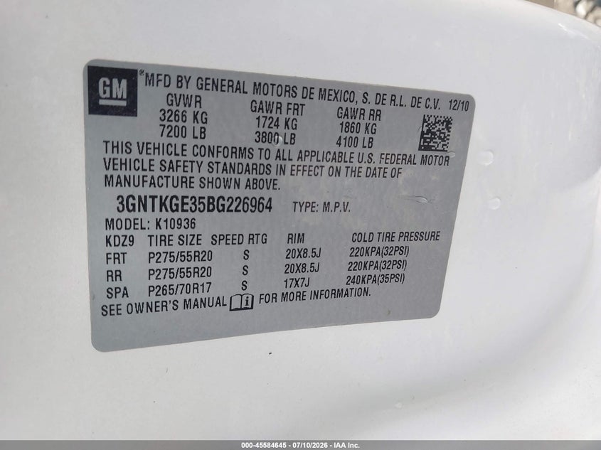 2011 Chevrolet Avalanche VIN 3GNTKGE35BG226964 IAAI salvage auction — NORMAL WEAR, Repossession Paperwork (Georgia), sold $7,200 on 2026-08-17 (photo 9)