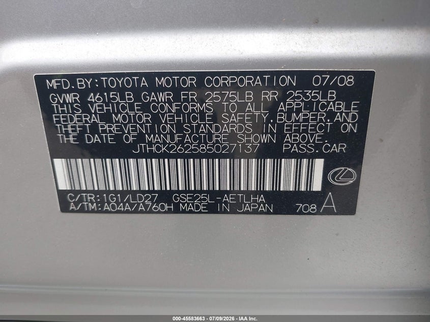 2008 Lexus Is 250 VIN JTHCK262585027137 IAAI salvage auction — FRONT END, Salvage (Idaho), sold $300 on 2026-07-29 (photo 9)