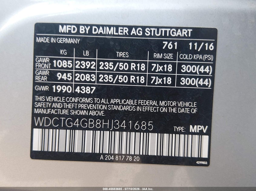 2017 Mercedes-benz Gle VIN WDCTG4GB8HJ341685 IAAI salvage auction — REAR END, Salvage Title, sold $4,175 on 2026-08-05 (photo 9)