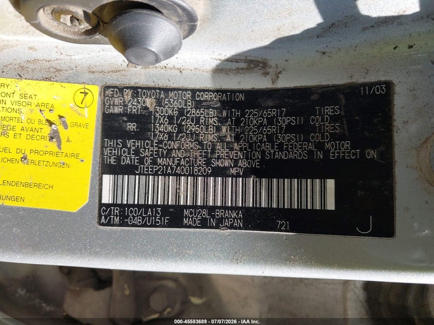 2004 Toyota Highlander VIN JTEEP21A740018209 IAAI salvage auction — NORMAL WEAR, Clear (Washington), sold $25 on 2026-07-28 (photo 9)