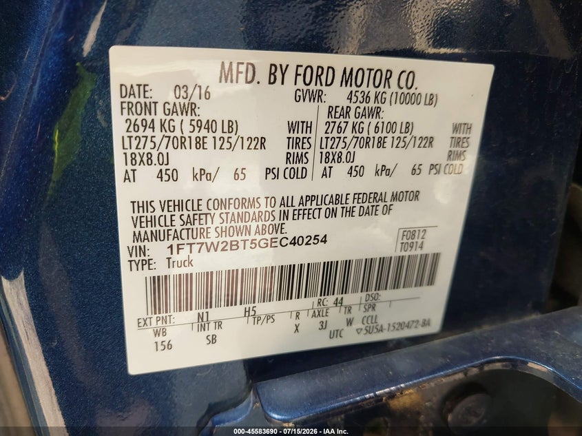 2016 Ford F250 VIN 1FT7W2BT5GEC40254 IAAI salvage auction — FRONT END, Salvage (Pennsylvania), sold $11,100 on 2026-07-28 (photo 9)