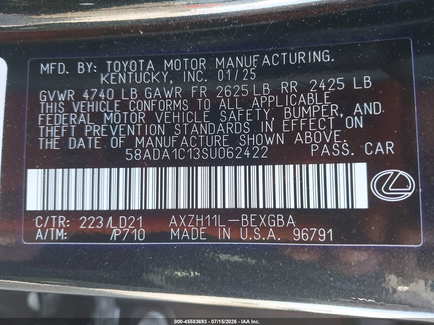 2025 Lexus ES VIN 58ADA1C13SU062422 IAAI salvage auction — RIGHT REAR, Salvage Title, sold $27,000 on 2026-08-27 (photo 9)