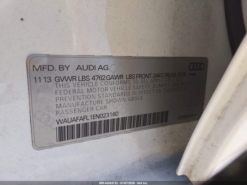 2014 Audi A4 VIN WAUAFAFL1EN023160 IAAI salvage auction — NORMAL WEAR, Clear - Dealer Only (California), sold $25 on 2026-07-29 (photo 9)