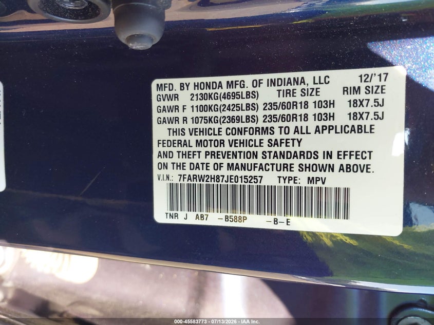 2018 Honda Cr-v VIN 7FARW2H87JE015257 IAAI salvage auction — FRONT END, Salvage Title, sold $25 on 2026-07-29 (photo 9)