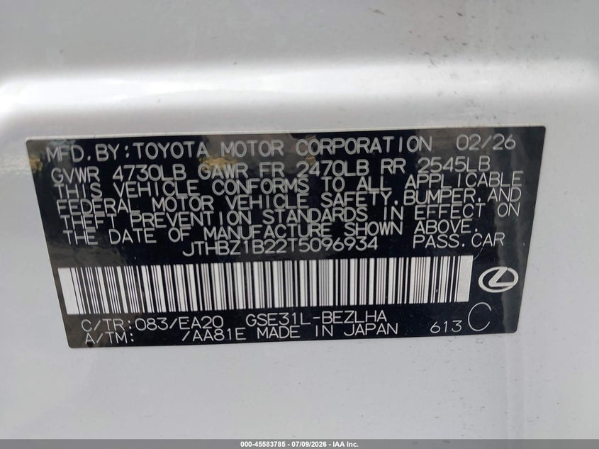 2026 Lexus Is VIN JTHBZ1B22T5096934 IAAI salvage auction — FRONT END, Rebuildable (Florida), sold $17,000 on 2026-08-23 (photo 9)