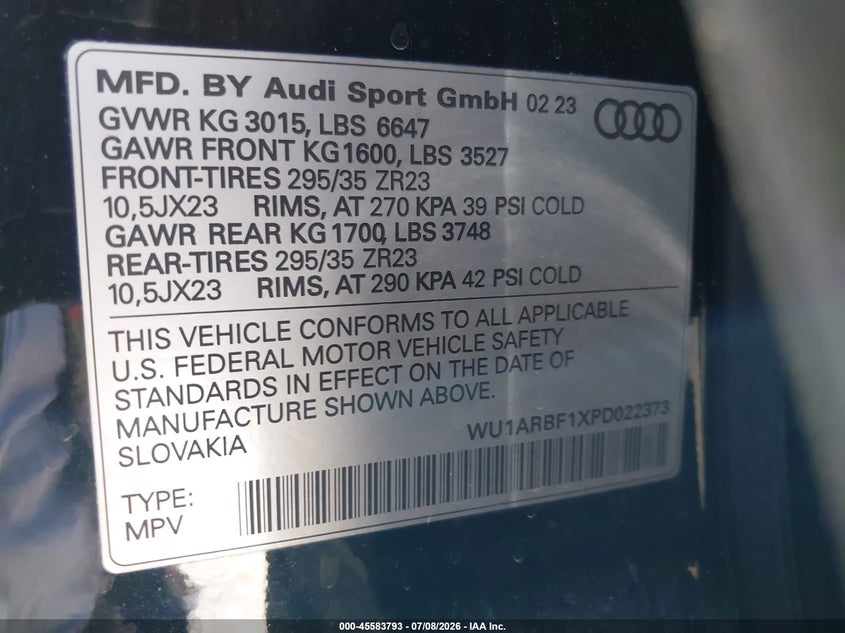 2023 Audi Rs q8 VIN WU1ARBF1XPD022373 IAAI salvage auction — FRONT END, Salvage Title, sold $40,150 on 2026-09-21 (photo 9)