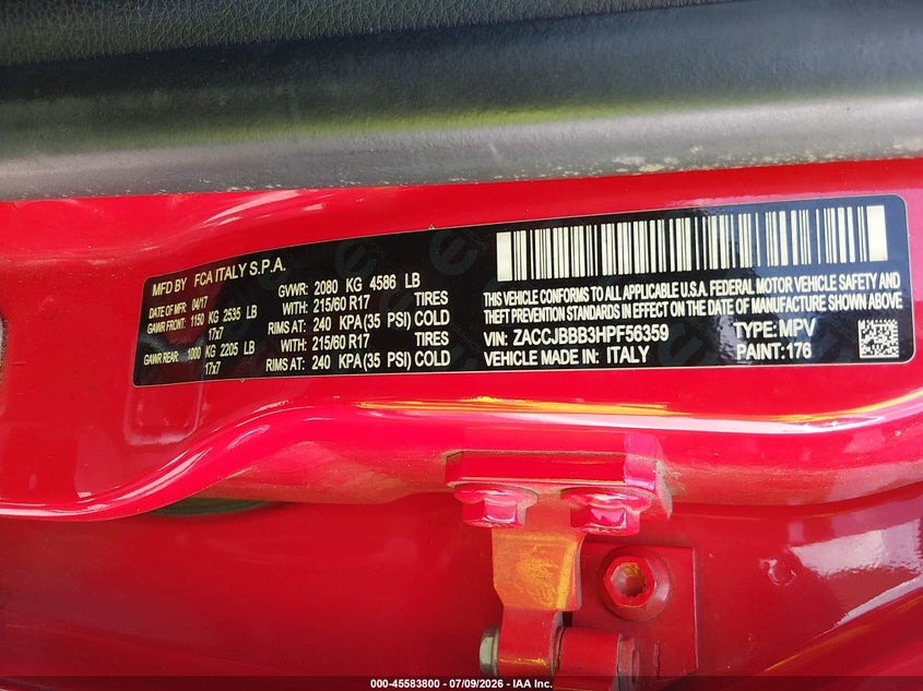 2017 Jeep Renegade VIN ZACCJBBB3HPF56359 IAAI salvage auction — FRONT END, Salvage Title, sold $400 on 2026-08-13 (photo 9)