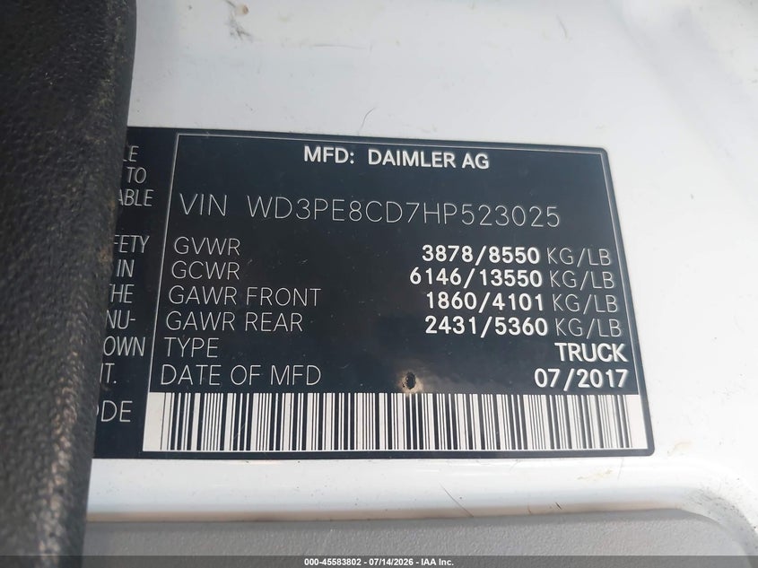 2017 Mercedes-benz Sprinter VIN WD3PE8CD7HP523025 IAAI salvage auction — NORMAL WEAR, Clear (Colorado), sold $1,250 on 2026-07-28 (photo 9)