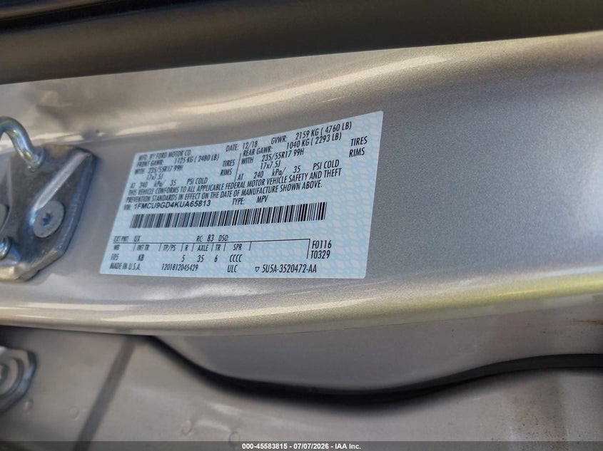 2019 Ford Escape VIN 1FMCU9GD4KUA65813 IAAI salvage auction — NORMAL WEAR, Sf97 (Oregon), sold $7,050 on 2026-07-29 (photo 9)