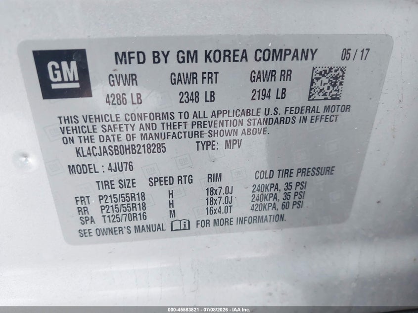 2017 Buick Encore VIN KL4CJASB0HB218285 IAAI salvage auction — RIGHT FRONT, Salvage Title, sold $400 on 2026-07-29 (photo 9)