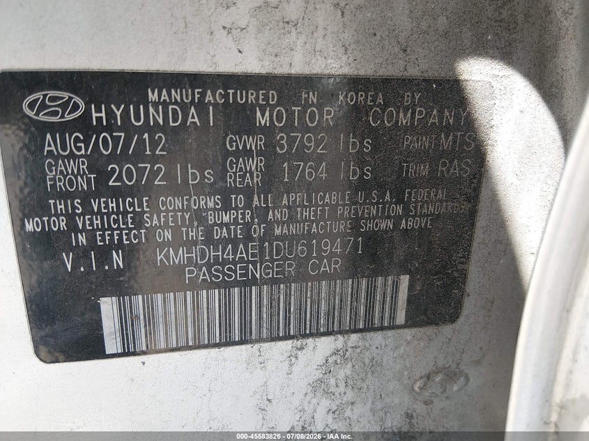 2013 Hyundai Elantra VIN KMHDH4AE1DU619471 IAAI salvage auction — REAR END, Salvage Title, sold $1,150 on 2026-07-28 (photo 9)