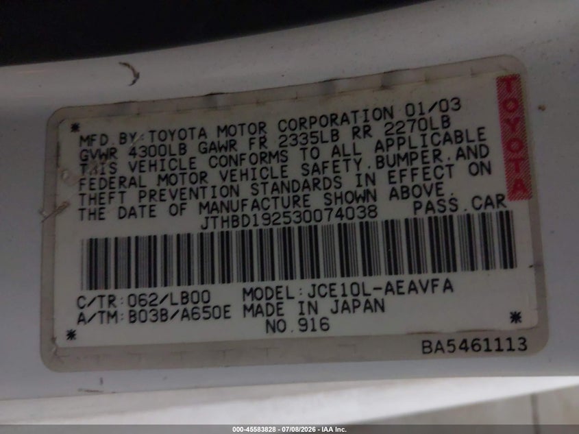 2003 Lexus Is 300 VIN JTHBD192530074038 IAAI salvage auction — REAR END, Salvage (Arizona), sold $2,600 on 2026-07-28 (photo 9)