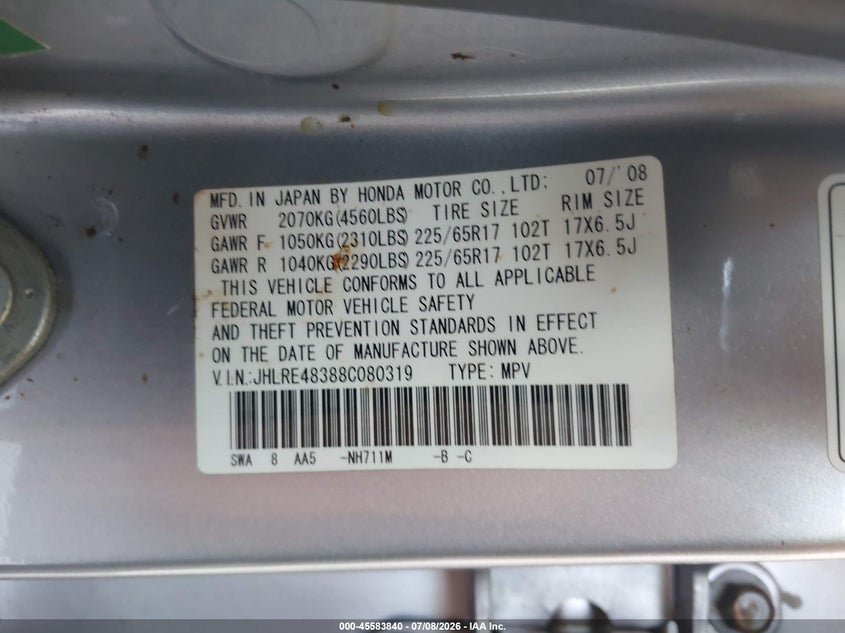 2008 Honda Cr-v VIN JHLRE48388C080319 IAAI salvage auction — NORMAL WEAR, Clear (Florida), sold $1,325 on 2026-07-29 (photo 9)