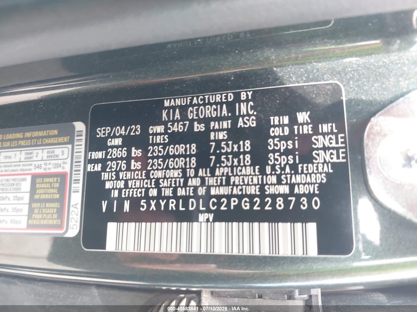 2023 Kia Sorento VIN 5XYRLDLC2PG228730 IAAI salvage auction — FRONT END, Salvage (Ohio), sold $4,800 on 2026-07-28 (photo 9)