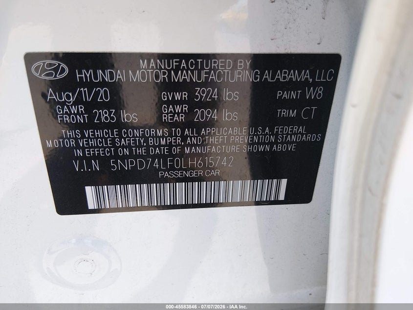 2020 Hyundai Elantra VIN 5NPD74LF0LH615742 IAAI salvage auction — NORMAL WEAR, Sf97 (California), sold $11,000 on 2026-07-30 (photo 9)